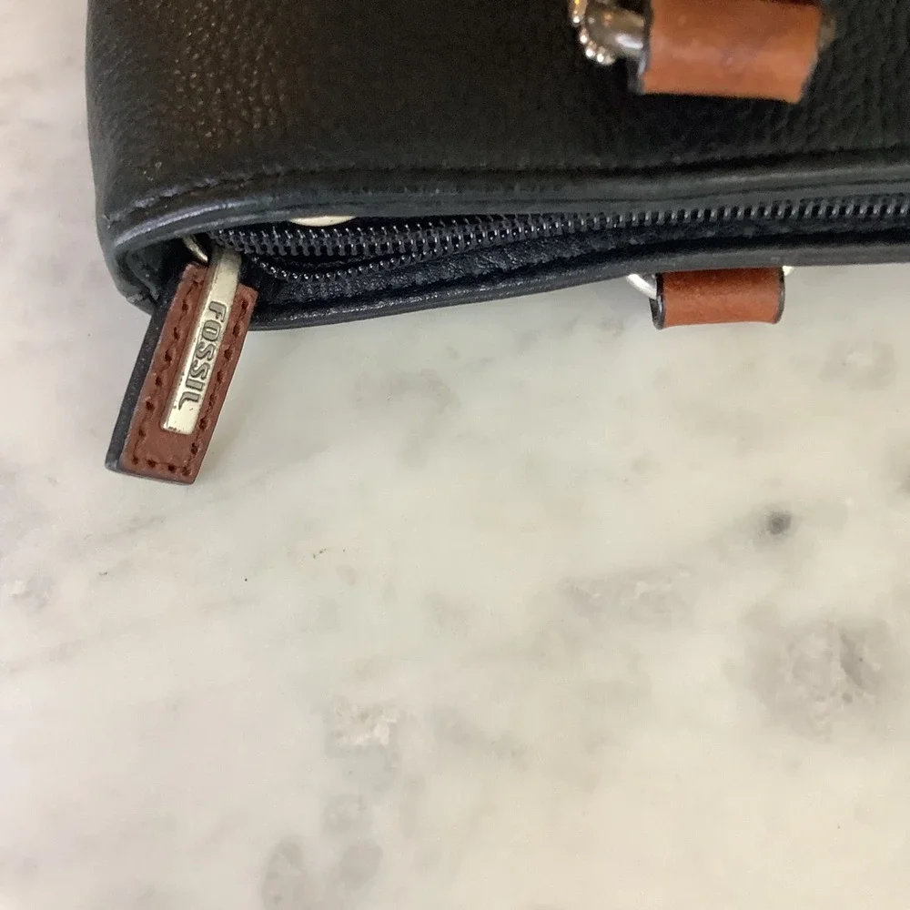 VINTAGE Black Fossil Leather Satchel Brown Top Handle Key‎ Charm Designer Purse